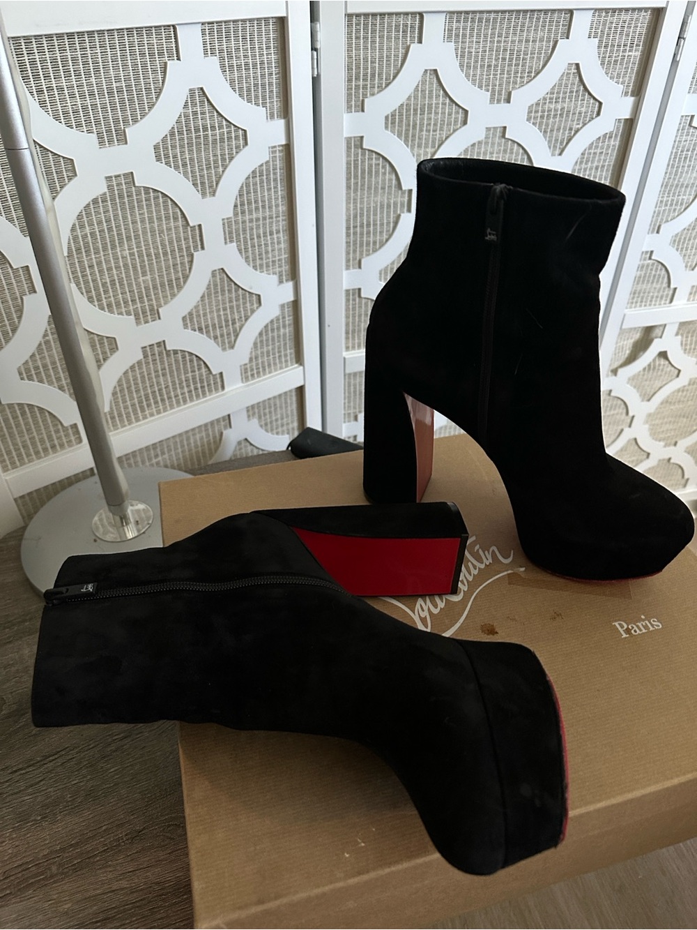 Christian Louboutin Black Movida Booty Suede Platform Ankle Boots with Red Soles